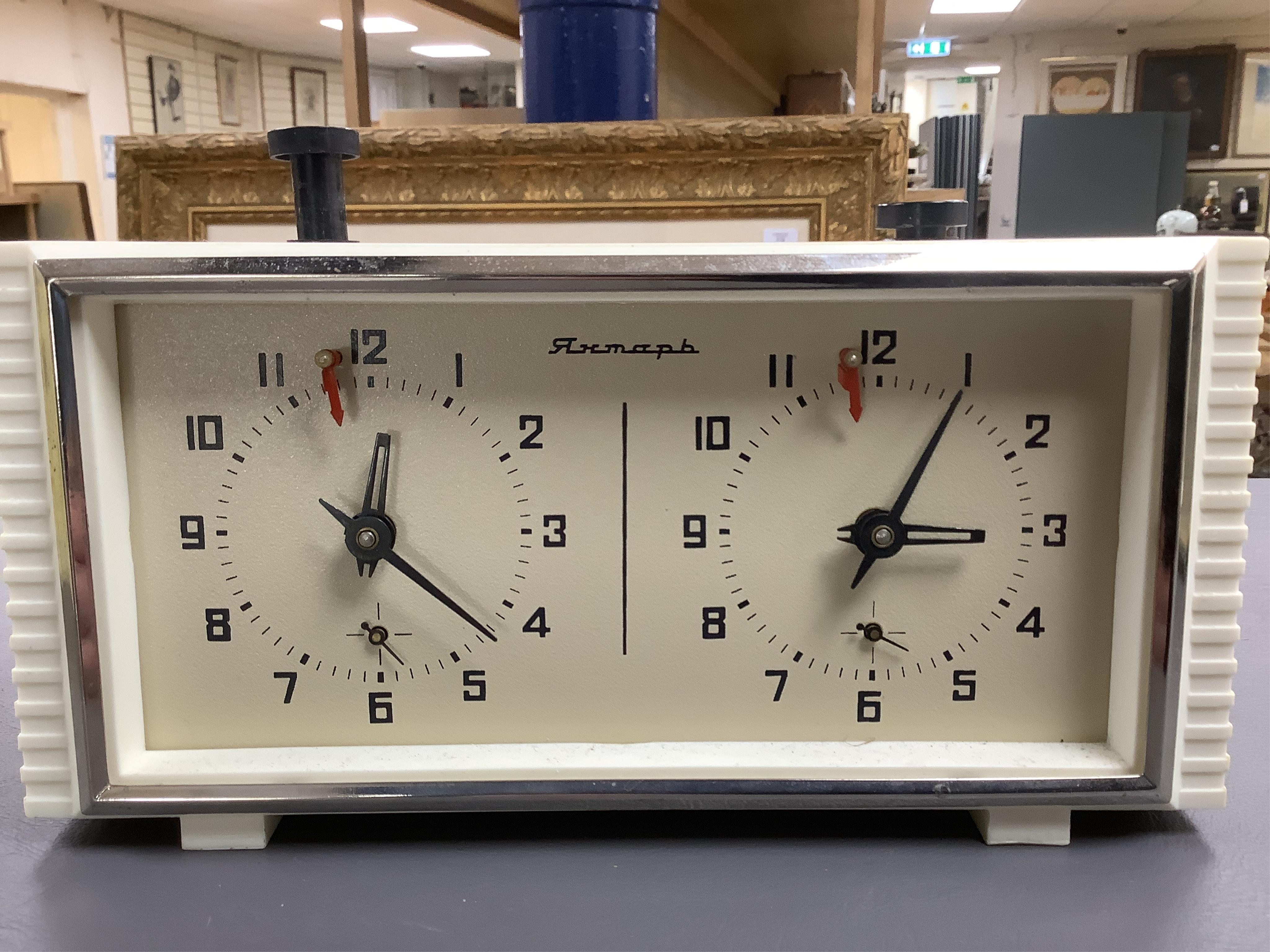Four Russian USSR chess timers (clocks), three by Vega and a Yantar. Condition - fair to good, Yantar missing glass front.